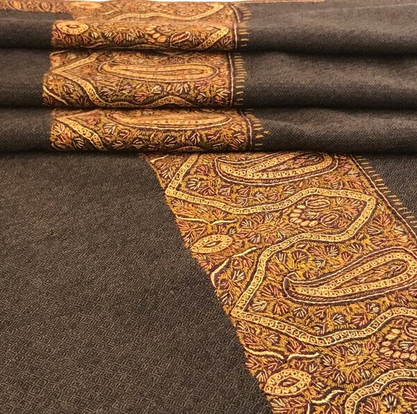Brown Diamond Weave Pure Wool Shawl with Sozni Hand Embroidery flat