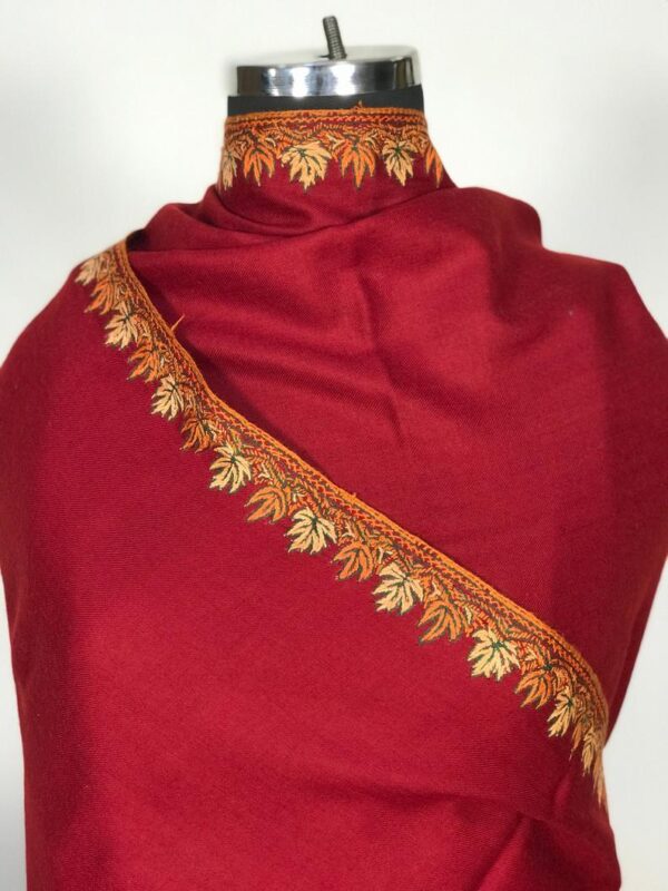 Red Pure Wool Shawl 4 Side Border Hand Embroidery close up