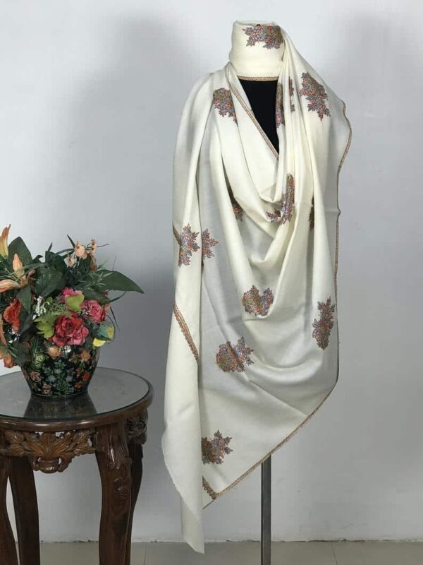 White Pure Wool Shawl Floral Boteh Design Hand Embroidery