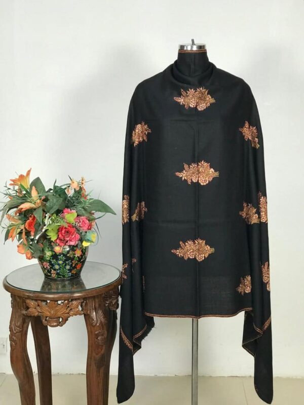 Black Pure Wool Shawl Floral Boteh Design Hand Embroidery