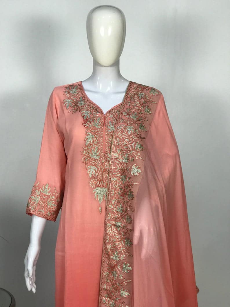 Peach Pink Ombre Shalwar Suit with Tilla Work close up