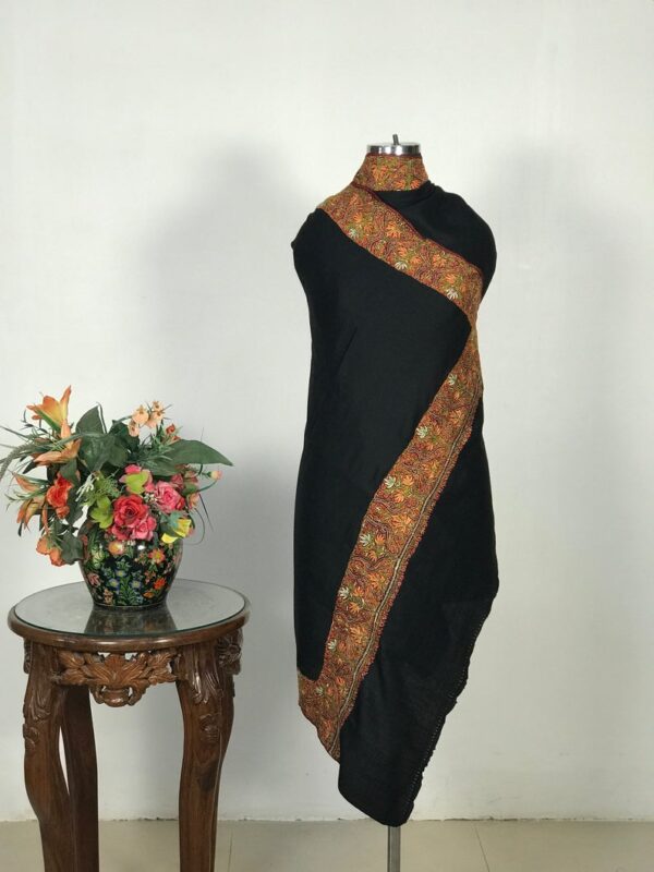 Maple Leaf Design Sozni Hand Embroidered Pure Wool Shawl: Black