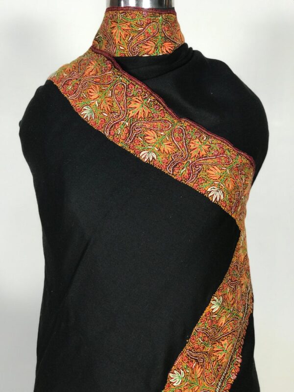Maple Leaf Design Sozni Hand Embroidered Pure Wool Shawl: Black close up
