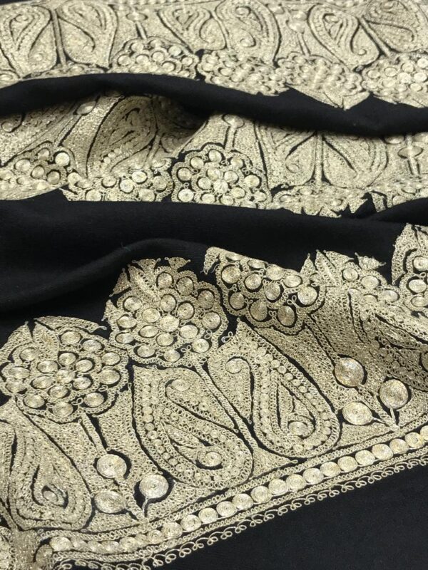 Black Pure Pashmina Shawl with Puff Tilla Embroidery flat