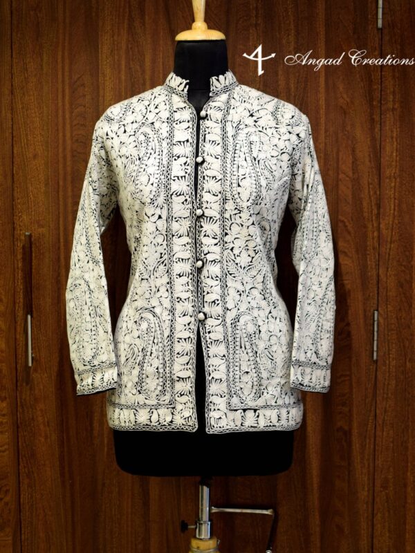 Black Kashmiri Jamawar Jacket with White Embroidery