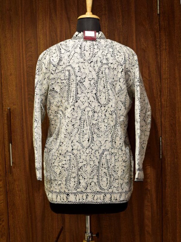 Black Kashmiri Jamawar Jacket with White Embroidery close up