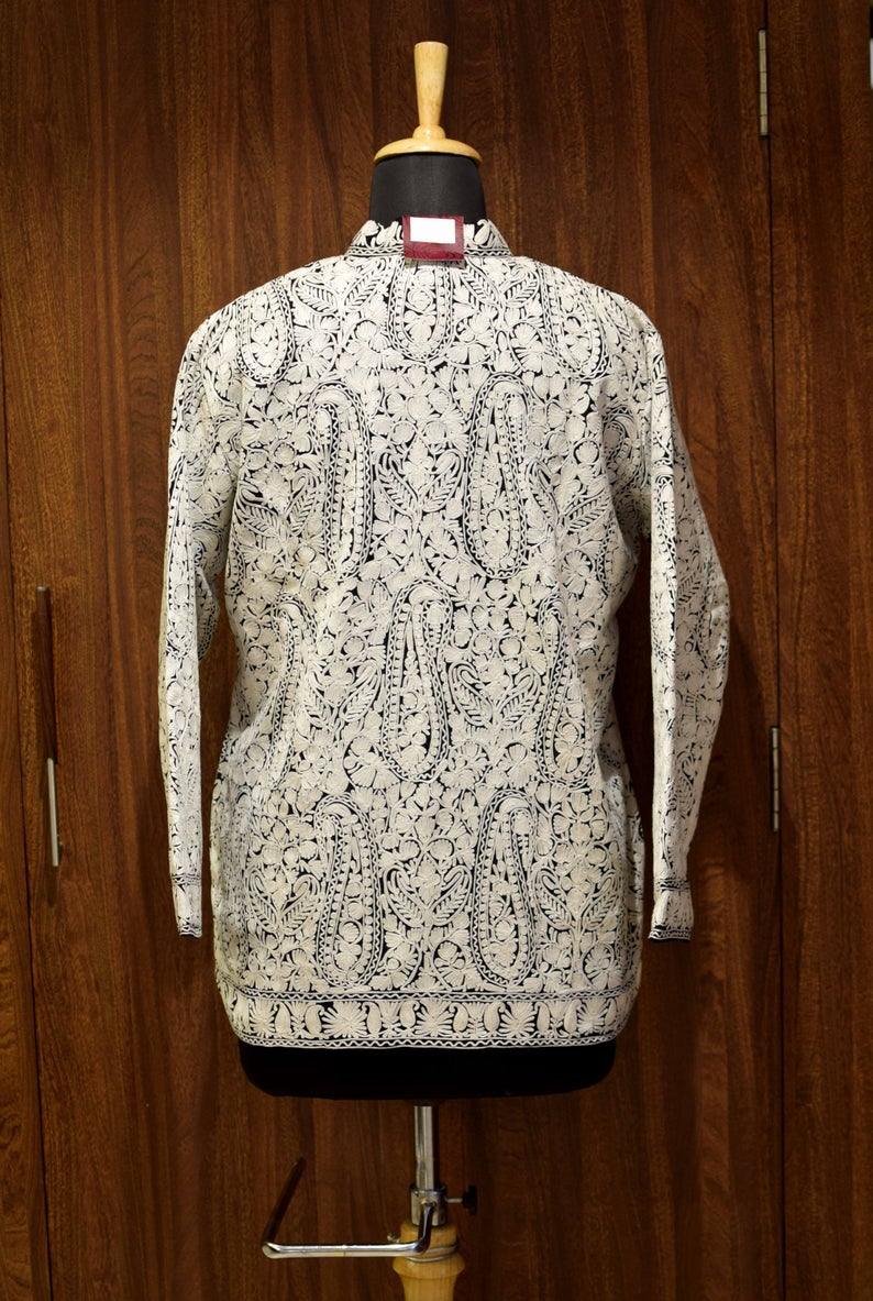 Black Kashmiri Jamawar Jacket with White Embroidery close up