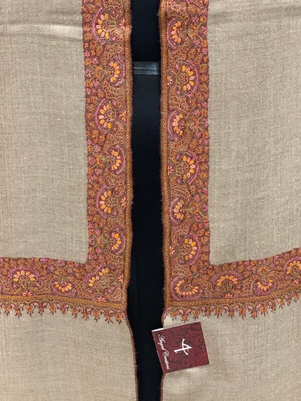 Beige Pure Pashmina Shawl with Floral Neem Daur Sozni Hand Embroidery close up