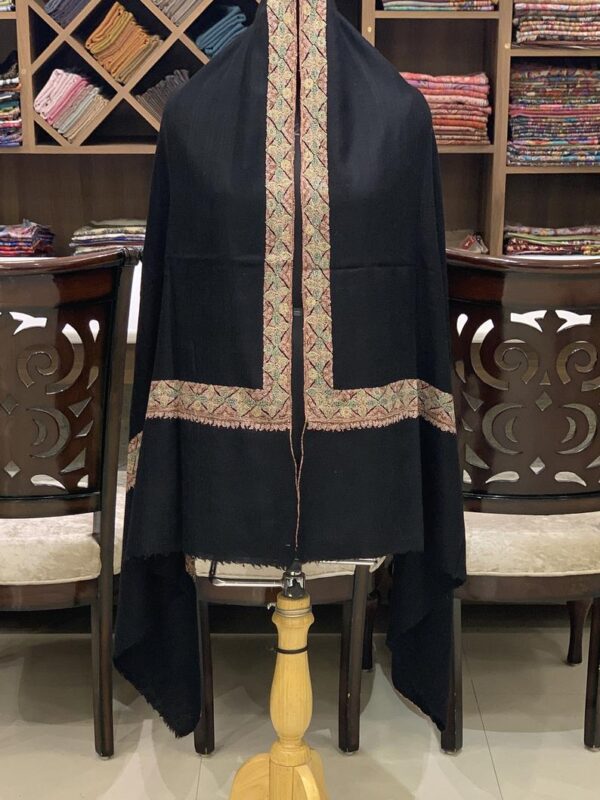 Black Pure Pashmina Shawl with Neem Daur Sozni Hand Embroidery