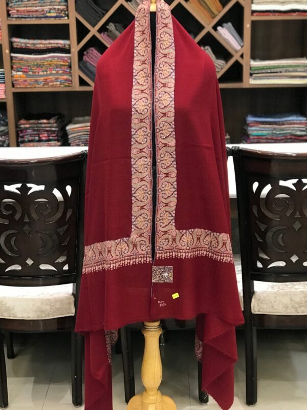 Neem Daur Sozni Hand Embroidered Pure Pashmina Shawl: Red