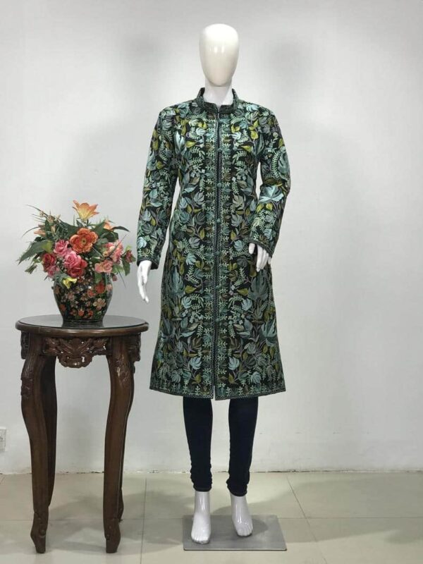 Black Overcoat with Green Tones Kashmiri Embroidery