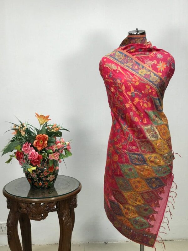 Magenta Floral Silk Kani Weave Dupatta