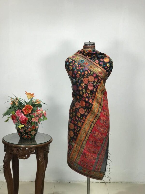 Black Rich Floral Silk Kani Weave Dupatta