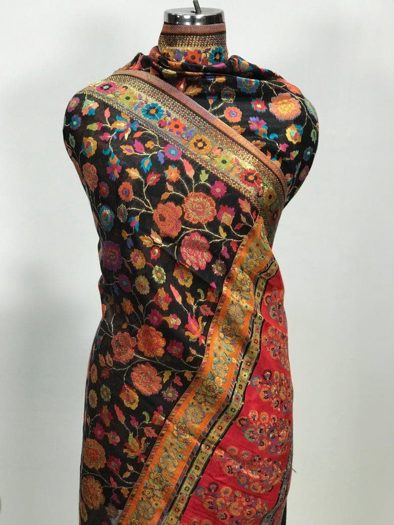 Black Rich Floral Silk Kani Weave Dupatta close up