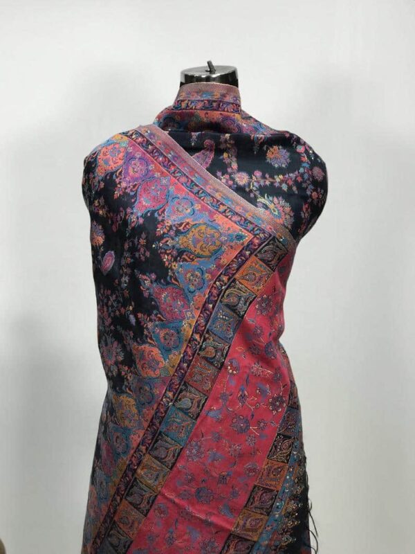 Black Floral Silk Kani Weave Dupatta close up