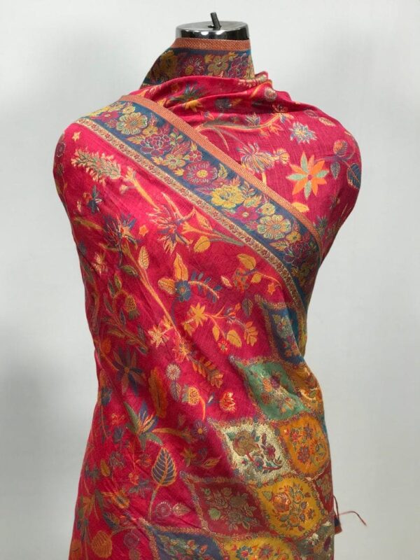 Magenta Floral Silk Kani Weave Dupatta close up