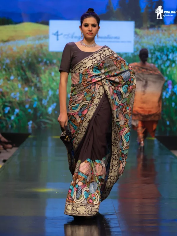 Multi Colour Floral Jaal Embroidered Saree Front
