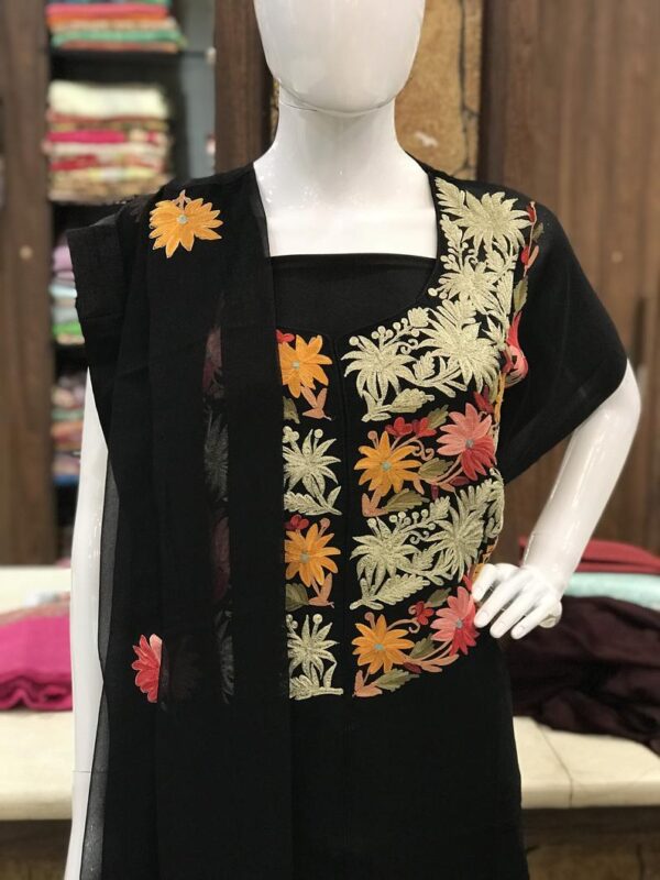 Black Long Check Style Tilla & Aari Fusion Embroidered Suit Front
