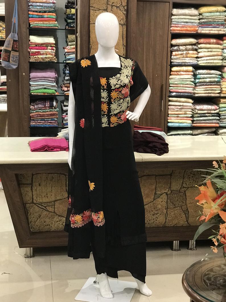 Black Long Check Style Tilla & Aari Fusion Embroidered Suit