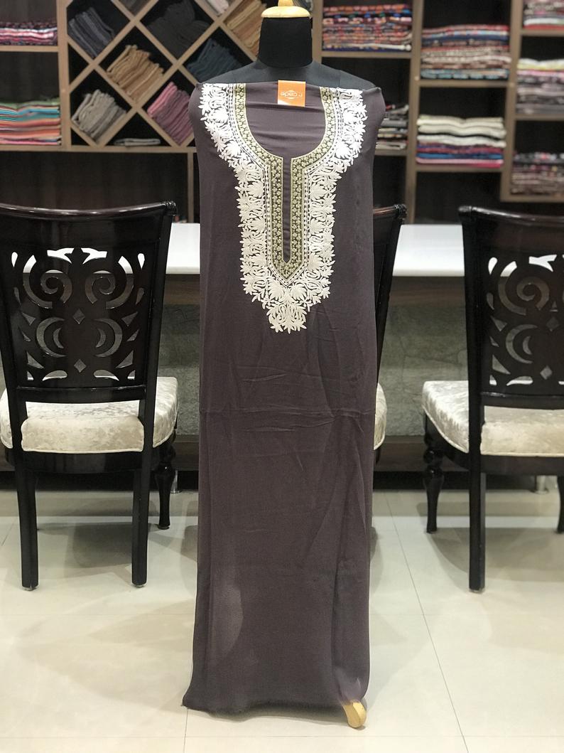 Greyish- Purple Aari Tilla fusion Neck Embroidery Suit 2