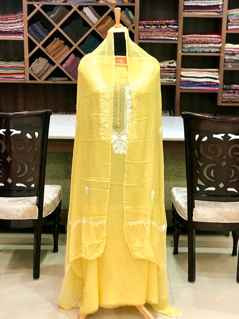 Yellow Aari Tilla fusion Neck Embroidery Suit