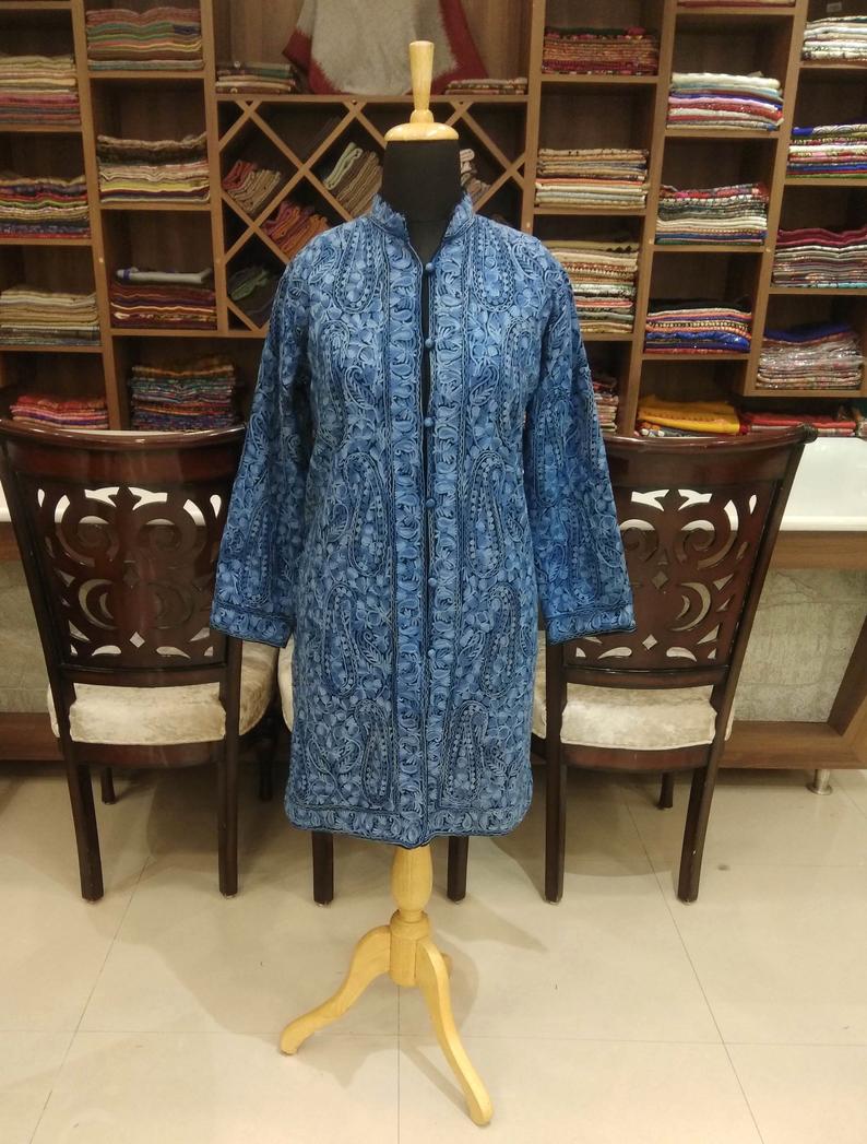 Blue Paisley Jamawar Embroidered Women Coat