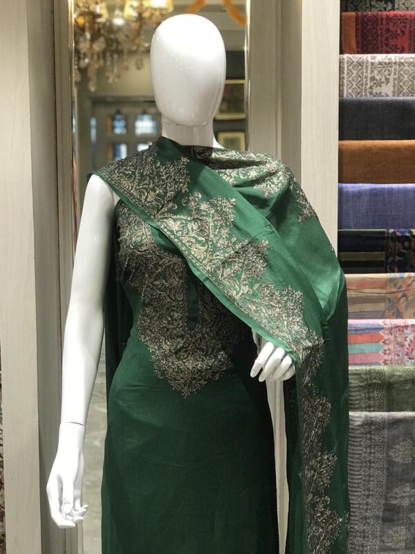 Zari Tilla mixed thread Embroidered Kashmiri Suit close up
