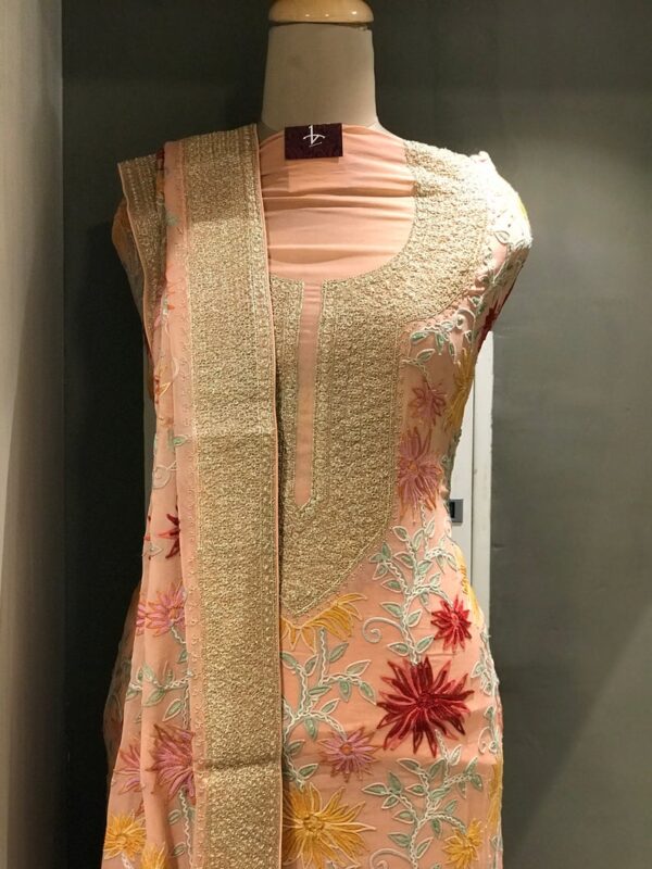 Peach Chaputri Style Tilla & Floral Aari Style Fusion Embroidered Kashmiri Suit Front