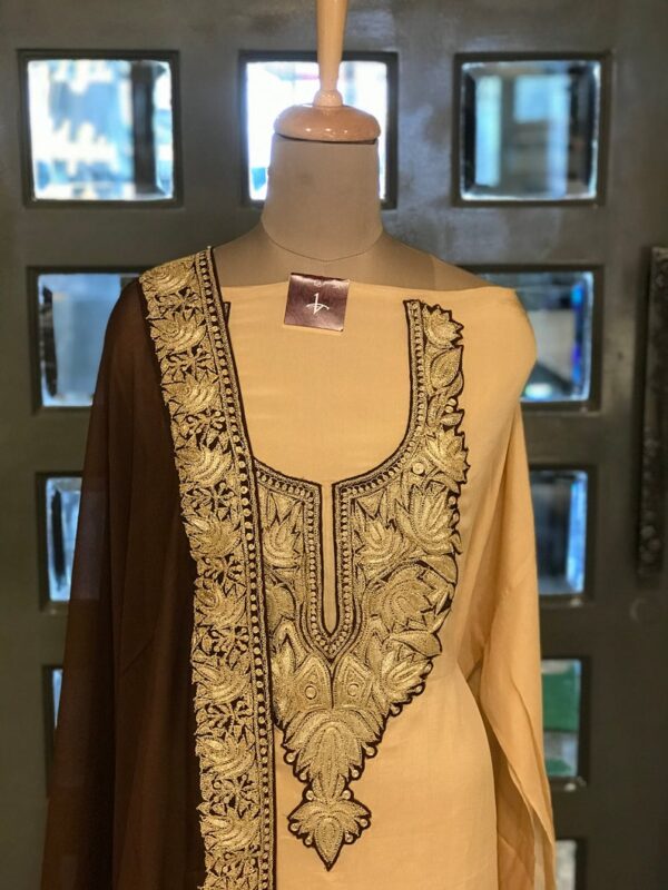 Tilla Border and Neck Salwar Suit: Beige & Brown front