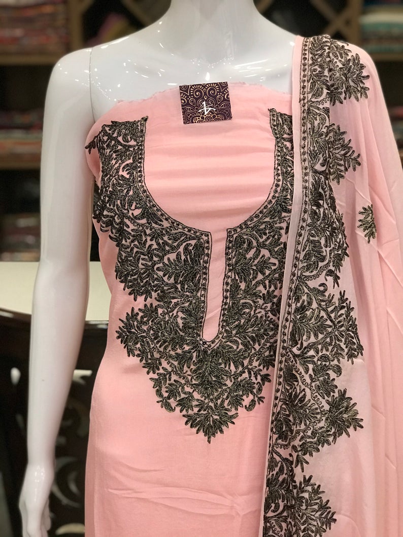 Pink Zari Thread Fusion Embroidered Kashmiri Suit Front