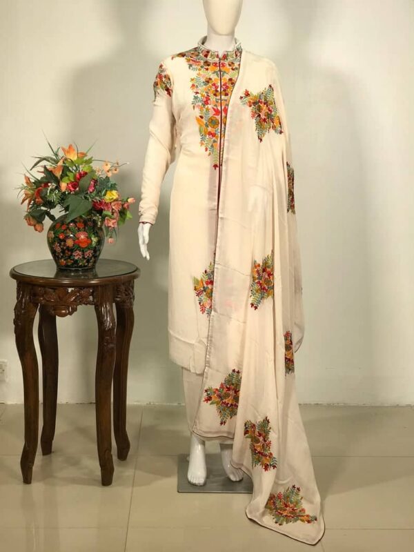 Off-Wihte Achkan Style Kashmiri Embroidered Suit Front