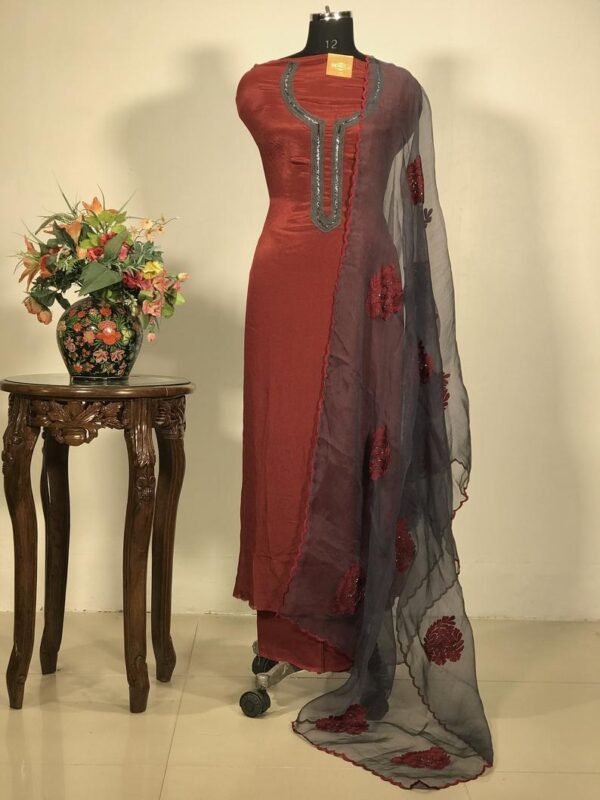 Red Suit with Floral Embroidery and Cut Dana Hand Work Organza Dupatta