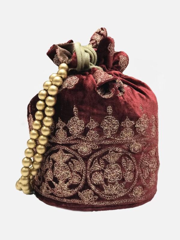 Maroon Gloss Velvet Zari Embroidered Potli Bag