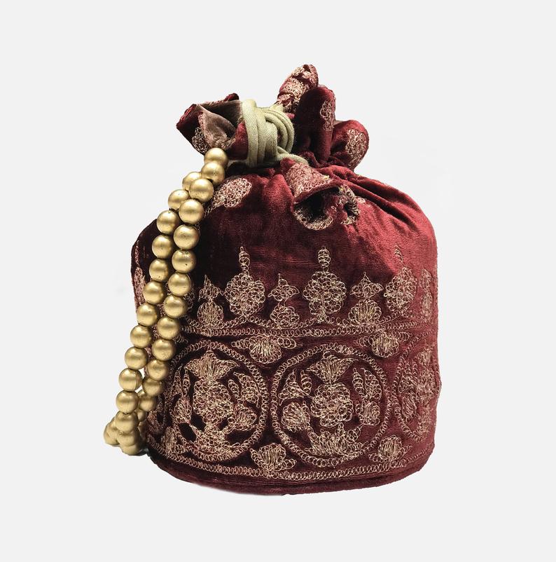 Maroon Gloss Velvet Zari Embroidered Potli Bag