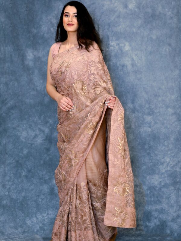 Peach Organza Sari with Aari and Hand Sequence Work Front