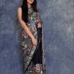 Navy Blue Silk Multi Colour Floral Jaal Embroidered Saree