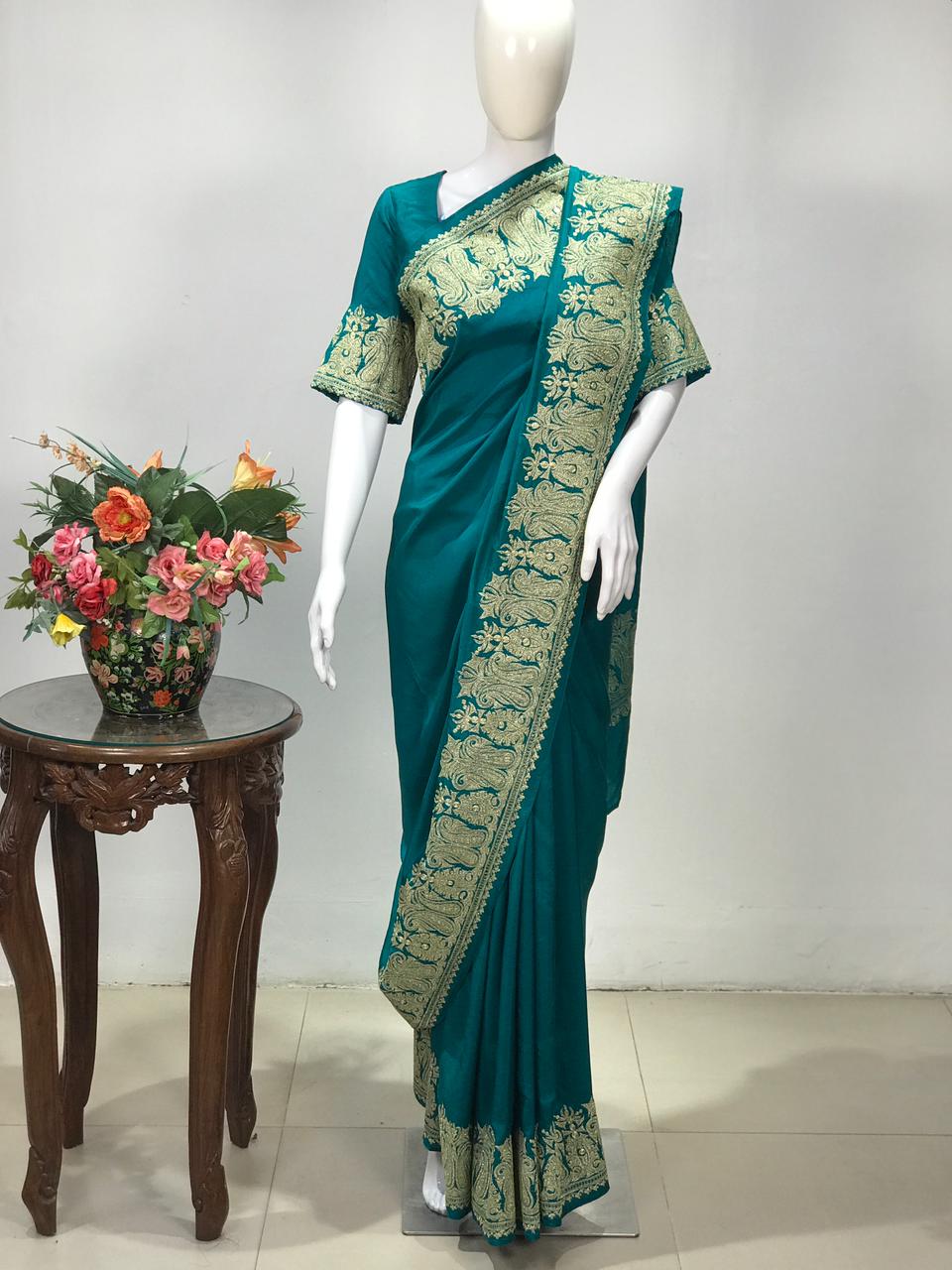 Saree with Gold Tilla Embroidery front