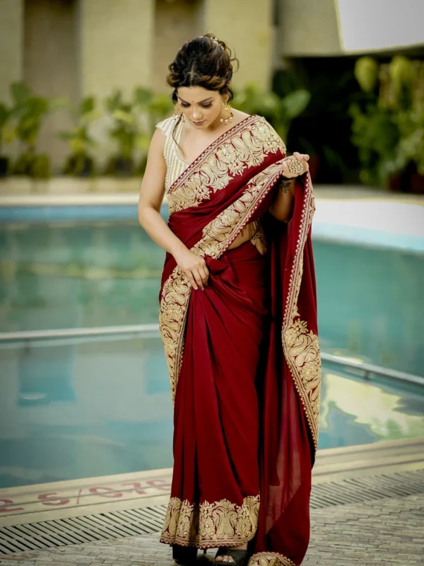 Maroon Pure Silk Saree with Gold Tilla Embroidery model