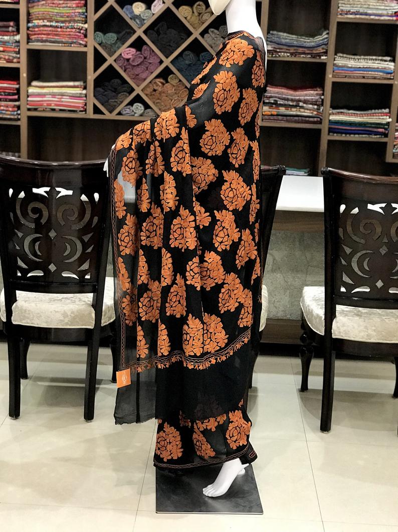 Black Saree with Boteh embroidery and Cut-Dana Hand Work Side