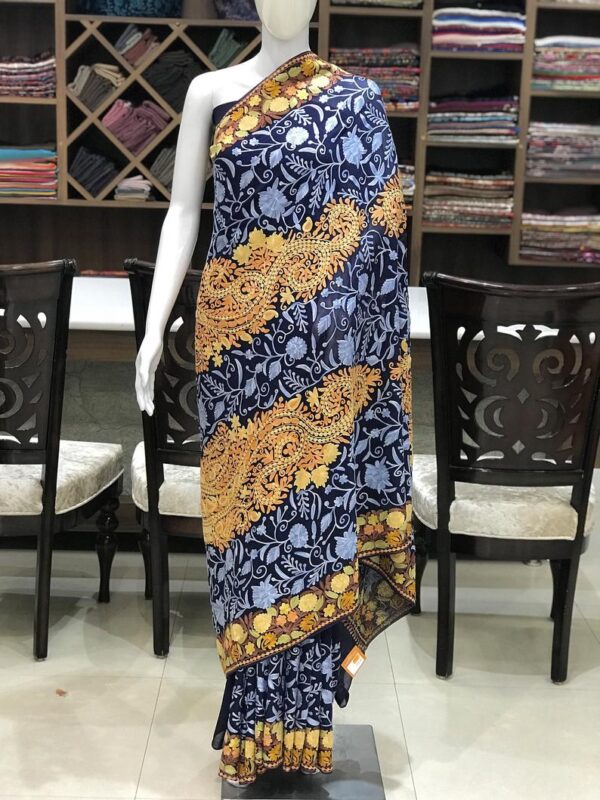Navy Blue Long Paisley Full Jaal Embroidered Saree Front