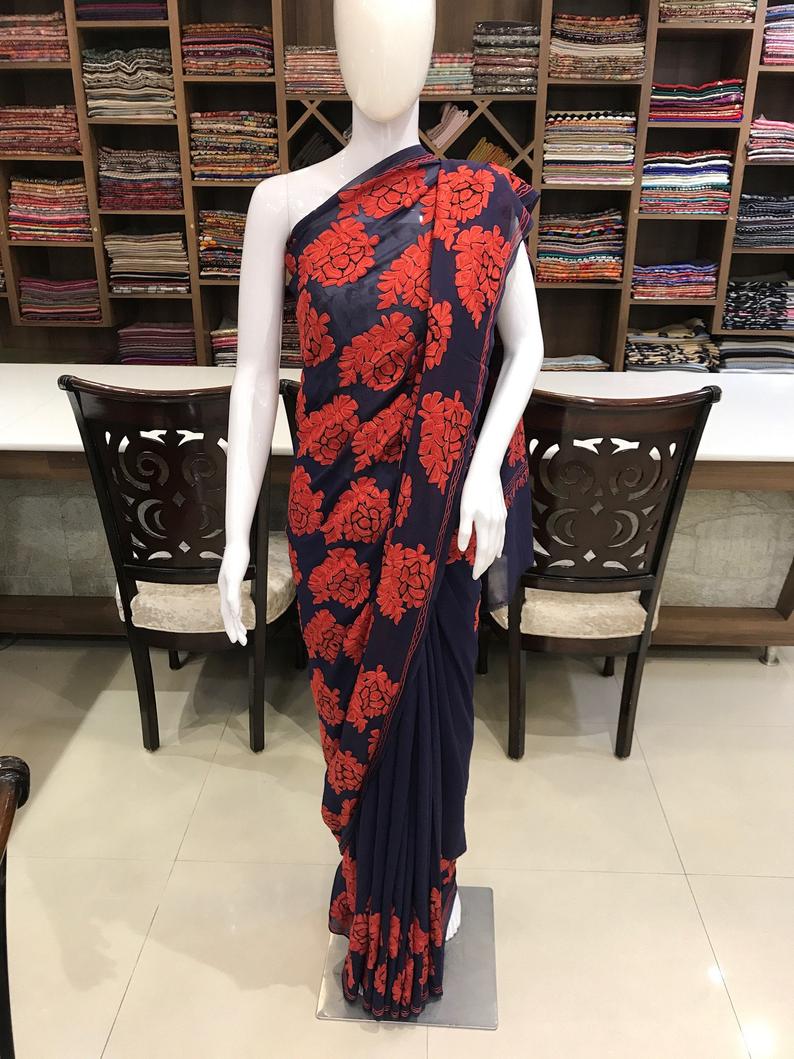 Navy Blue Saree with Boteh embroidery and Cut-Dana Hand Work