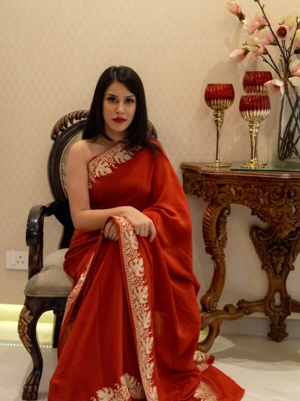 Red Pure Crepe Saree with Chinar Border Tilla Embroidery front