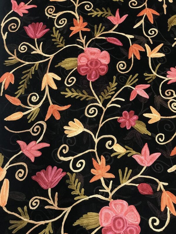 Black DIY Fabric with Floral Aari Jaal Embroidery close up