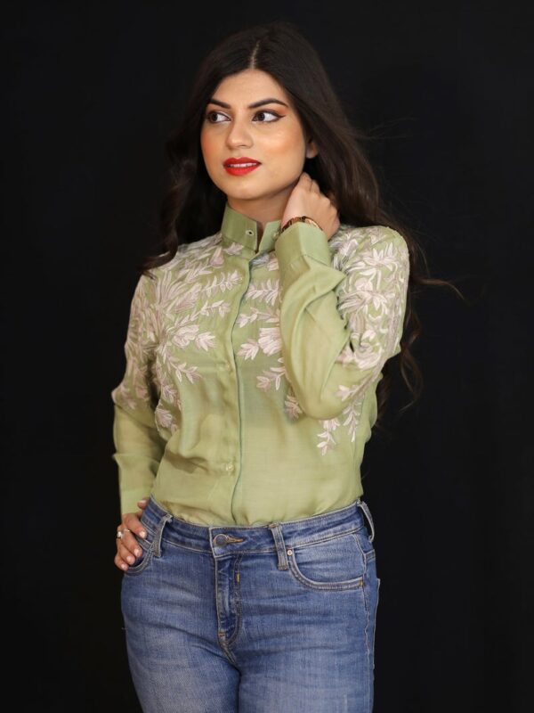 Olive Green Cotton Shirt with Faun Floral Thread Embroidery