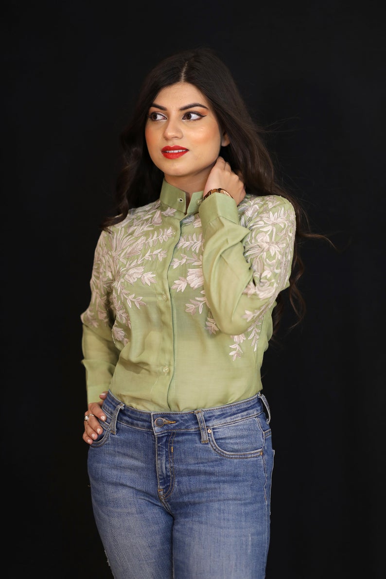 Cotton Shirt with Floral Thread Embroidery