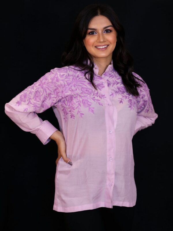 Thistle Purple Cotton Shirt with Cream Floral Thread Embroidery