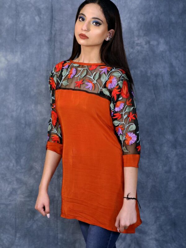 Orange Top with Thread Embroidered Shoulders & Sleeves