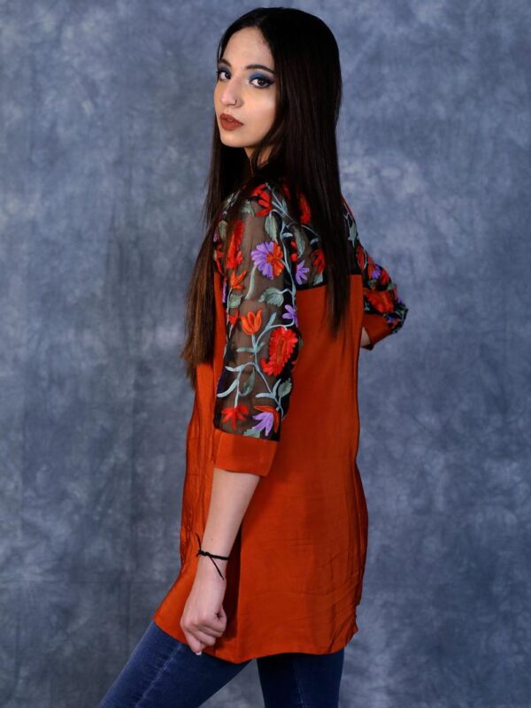Orange Top with Thread Embroidered Shoulders & Sleeves Side