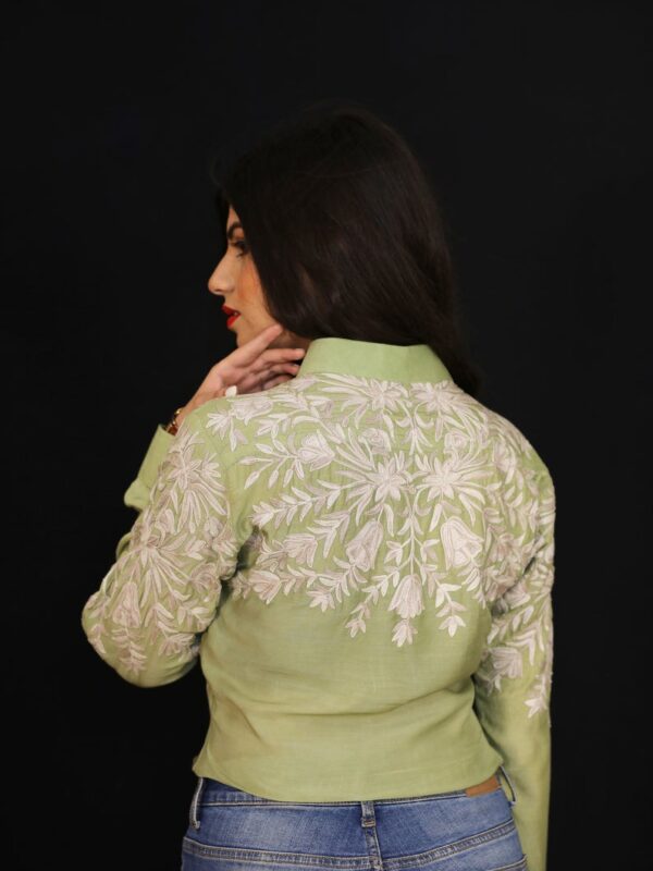 Olive Green Cotton Shirt with Faun Floral Thread Embroidery Back