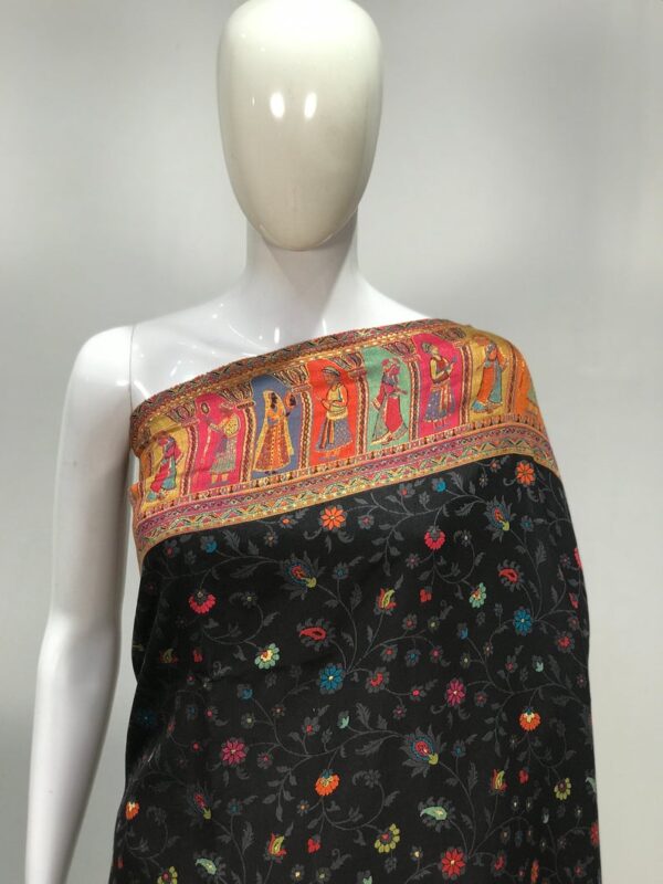 Black Modal Silk Kani Saree: Mughal Figure Design close up